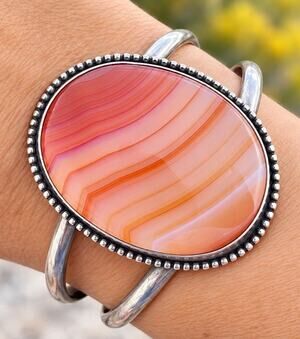 Vintage Navajo Sterling Silver Cuff Bracelet Orange Banded Agate HUGE Signed 38g